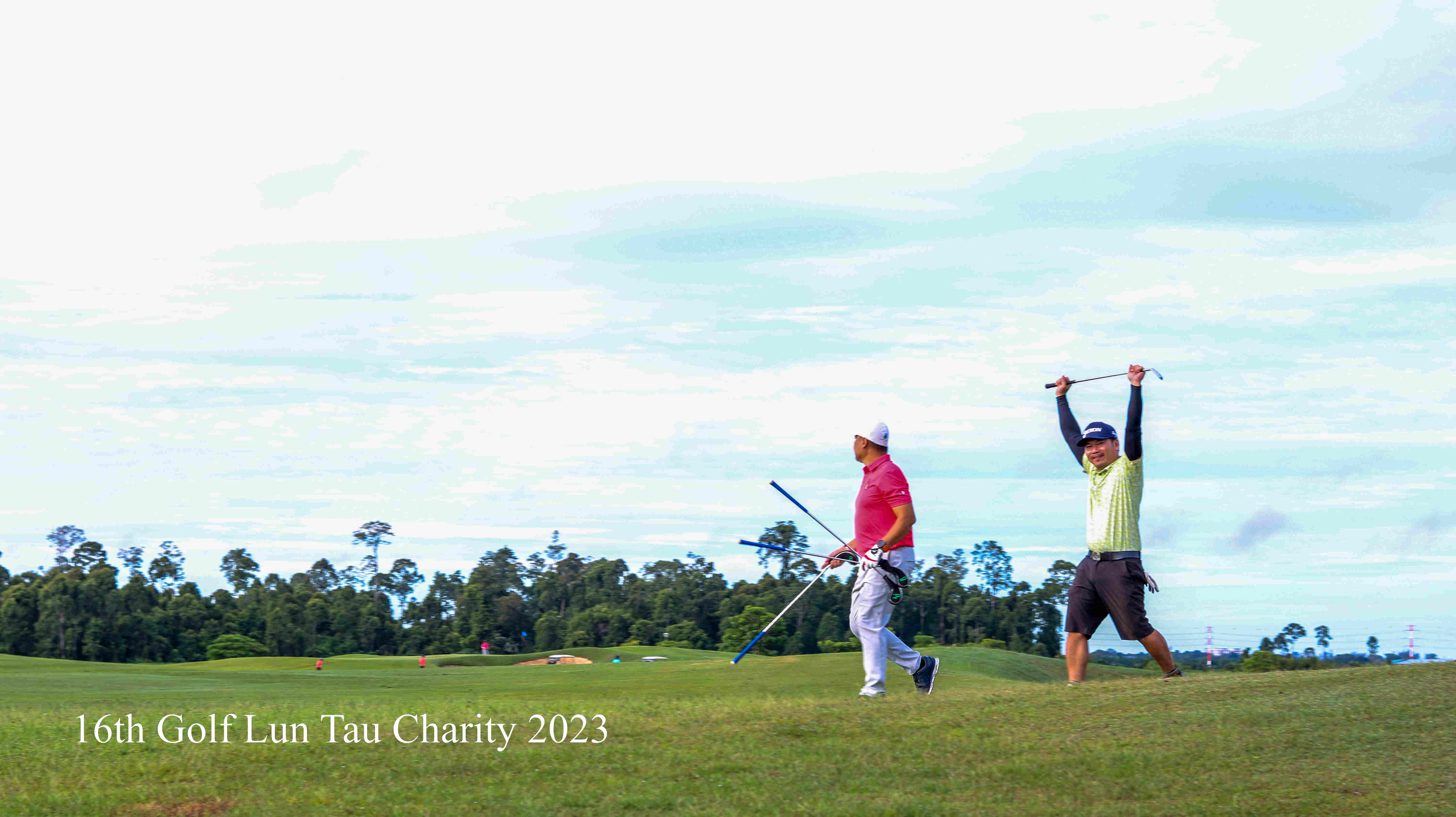 Two golfers walking together with one cheering, illustrating our inclusive and non-traditional golf association